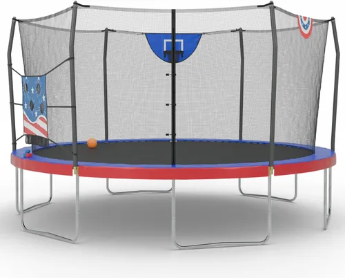 Vista 12 de Skywalker Trampolines Cama elástica al aire libre de 8 pies, 12 pies, 15 pies Jump N’ Dunk redonda con red, colchón de trampoline y aro de Azul
