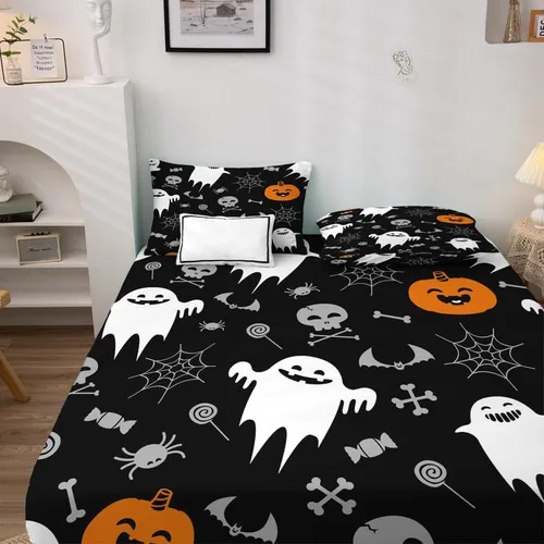 Vista 3 de Juego de sábanas de Halloween para niños y niñas, juego de sábanas espeluznantes de tela de araña, calabaza fantasma, microfibra suave, bolsillo