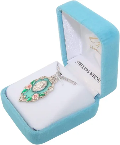 Vista 3 de Colgante de medalla milagrosa de plata de ley con esmalte azul, 1 15 pulgadas, Sterling
