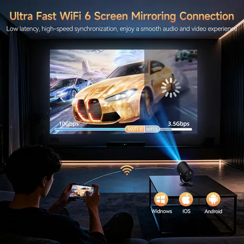 Vista 5 de Mini Proyector con WiFi y Bluetooth, Proyector Portátil Nativo 1080P Compatible con 4K con Soporte Ajustable de 180°, Pantalla Máxima de 180