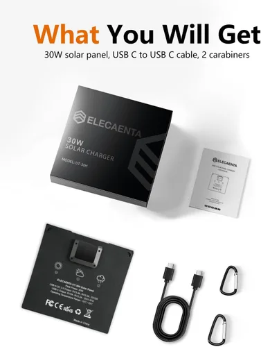 Vista 8 de ELECAETNA - Panel solar portátil HPBC de 30 W, conversión del 25,4%, solo 1.1 libras, IP68 USB C y USB QC3.0 carga rápida, cargador solar plegable