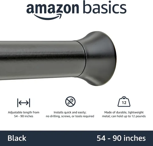 Vista 2 de Amazon Basics Barra de cortina de tensión de resorte resistente ajustable, sin perforación/sin agujeros, 54-90 pulgadas, negro, remate clásico
