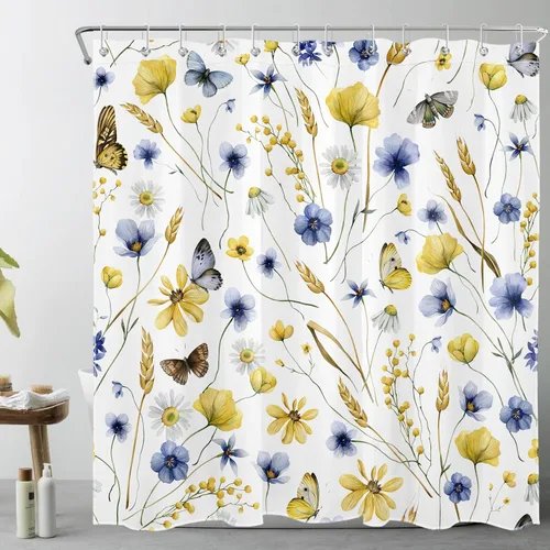 Vista 6 de EOBTAIN Nature - Cortina de ducha con flores silvestres para baño, cortina de ducha amarilla floral y mariposa sobre negro, con 10 ganchos, juego