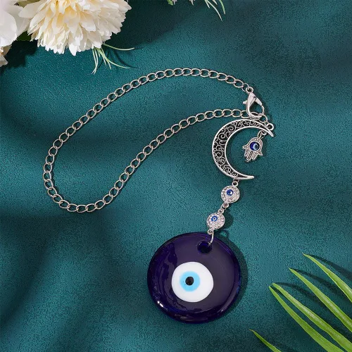 Vista 3 de Adorno colgante azul para coche con ojo malvado, dijes de cuentas con ojo malvado con adorno colgante de luna para coche, atrapasueños, regalo