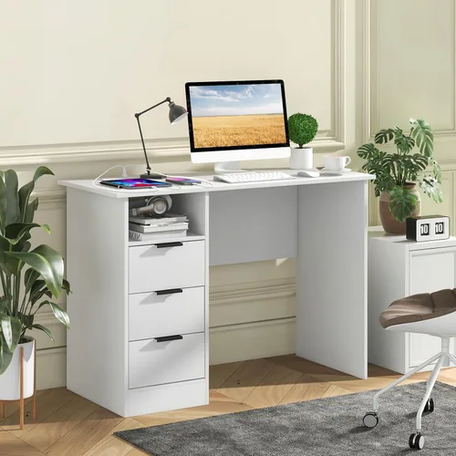 Vista 2 de Tangkula Escritorio blanco con 3 cajones y estación de carga, escritorio de oficina en casa con estante abierto, escritorio de estudio, estación