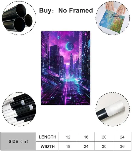 Vista 2 de Futuristic Neon City Wall Art – Synthwave Aesthetic Poster with Grid & Planet Elements Modern Wall Prints Abstract Geometric Minimalist Art Framed