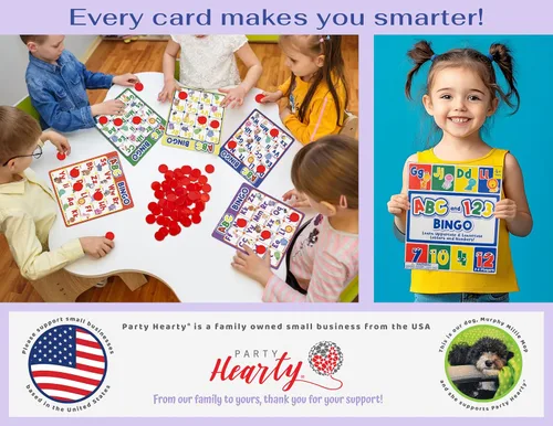 Vista 6 de Party Hearty Juego de mesa de bingo del alfabeto y número, ABC y 123 para niños de jardín de infantes y preescolares que aprenden a leer, 2