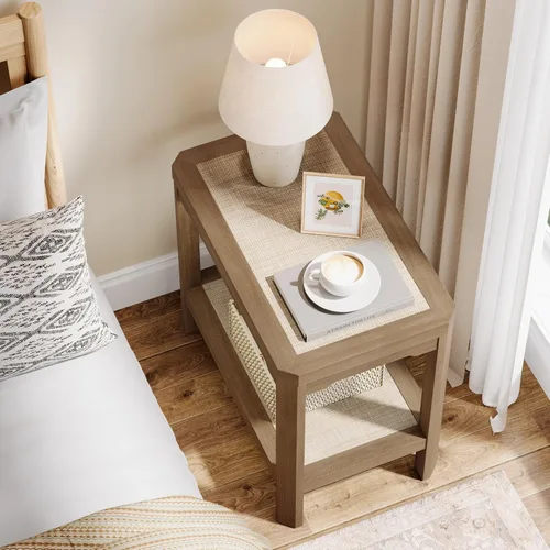 Vista 7 de Eclatara Mesitas de noche de ratán, mesa auxiliar de 2 niveles para dormitorio, mesa auxiliar de polígono decorativa para espacios pequeños, mesa