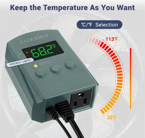 Vista 6 de LUXBIRD Termostato digital con termostato de calor y refrigeración de 10 A 1200 W para plántulas, reptiles y cerveza, cría, incubación, invernadero