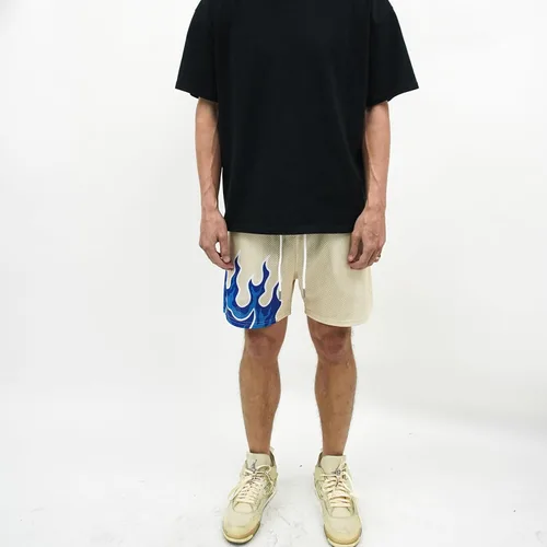 Vista 3 de BOOMLEMON Pantalones cortos de baloncesto para hombre, pantalones cortos deportivos de entrenamiento casual con estampado gráfico de llama de malla