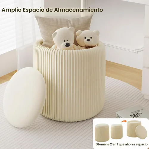 Vista 4 de Juego de 2 otomanas beige con almacenamiento, taburete de tocador tapizado de terciopelo, cómodos taburetes redondos de maquillaje, reposapiés