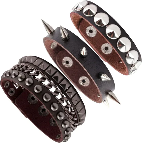 Vista 12 de MILAKOO 3 unids hombres tachonado brazalete remaches pulsera cuero remaches pulsera