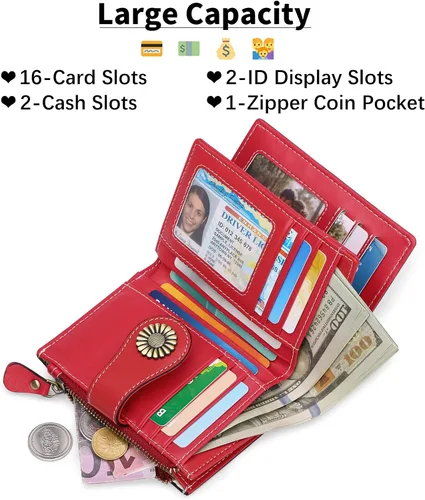 Vista 2 de SENDEFN Carteras pequeñas para mujer, con bloqueo RFID, de cuero, plegable, tarjetero con ventana de identificación, 5-rojo y blanco, Cartera