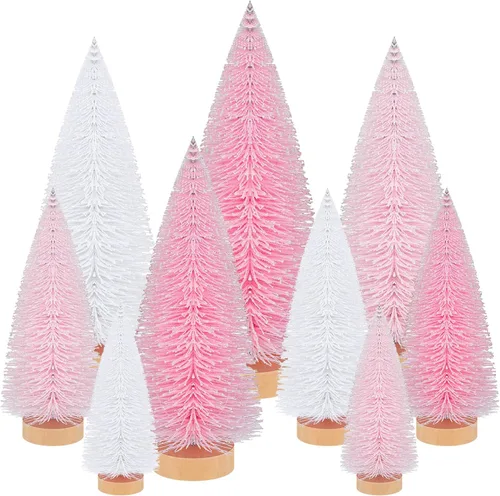 Vista 8 de Leyndo - 9 unidades de árboles artificiales de Navidad clásicos azules en miniatura con base de madera de pino de sisal para decoración de otoño