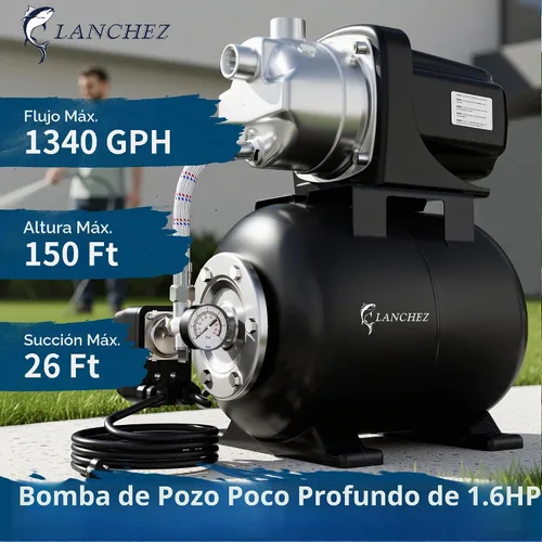 Vista 2 de Lanchez Bomba de jardín de pozo poco profundo de 1.6 HP, bomba de riego de acero inoxidable, 1340 GPH, bomba automática de chorro de agua