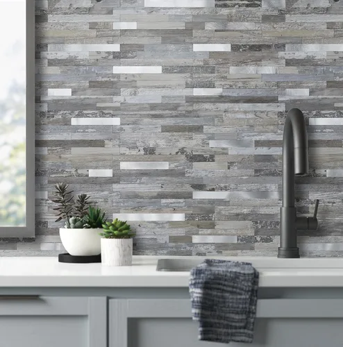 Vista 4 de AULIGET - 20 láminas de azulejos de pared de PVC autoadhesivos con aspecto de madera desgastada, para salpicadero de cocina Madera vintage + metal