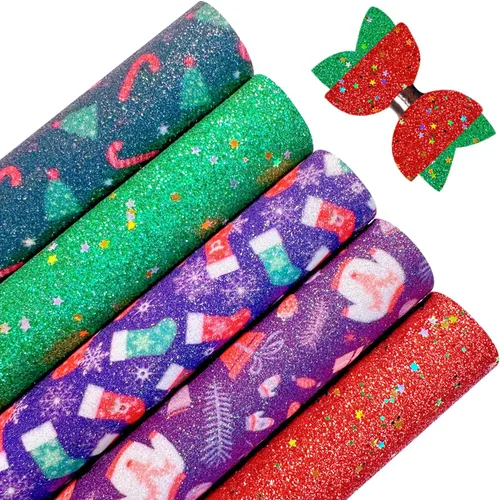 Vista 3 de Sábanas de piel sintética con estampado de copos de nieve de Navidad, 8 x 12 pulgadas, tela brillante con purpurina fina para lazos, manualidades