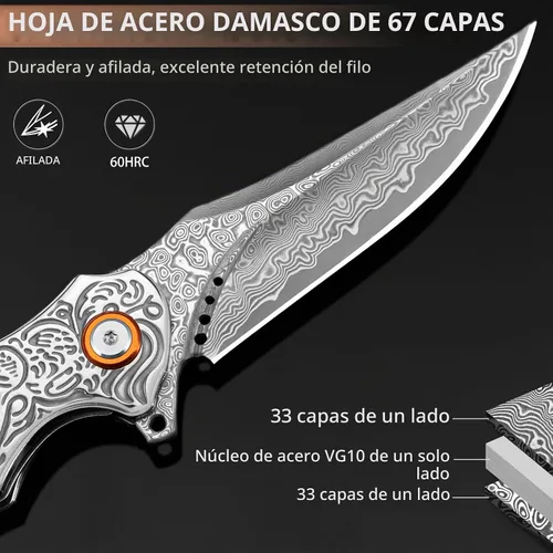 Vista 2 de Cuchillo de bolsillo Damasco para hombre, 7.78" VG10 cuchillo Negro