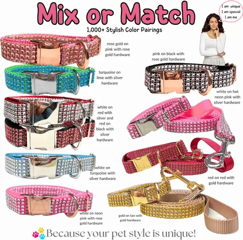 Vista 3 de Collar de perro con diamantes de imitación personalizable, hebilla grabada y opciones de correa, hecho en Estados Unidos, collares brillantes