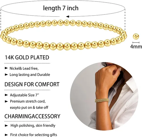 Vista 2 de MOZAKA 14 pulseras de cuentas de oro para mujer, chapados en oro de 14 quilates, pulsera elástica de oro para mujer, apilable