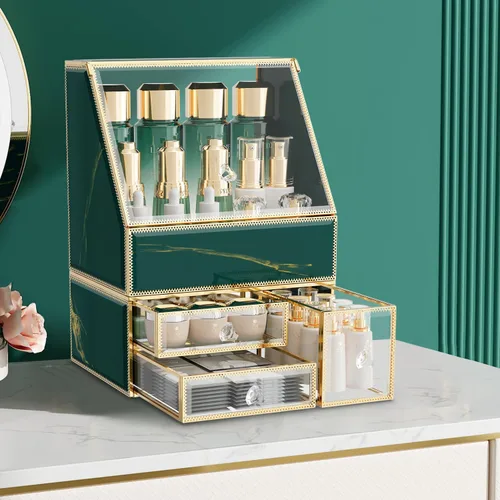 Vista 9 de CoralHouse Organizador de maquillaje, organizador de maquillaje ámbar con cajón, soporte para el cuidado de la piel para encimera de baño, vitrina