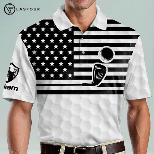 Vista 4 de LASFOUR Camisas de golf divertidas personalizadas para hombres, camisas de golf locas para hombres, camisas de golf con bandera de Estados Unidos