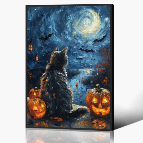 Vista 11 de Póster de fantasma y gato negro en la bañera, arte de pared en lienzo de Halloween de Whimsigoth, pintura de fantasmas y flores, imagen espeluznante