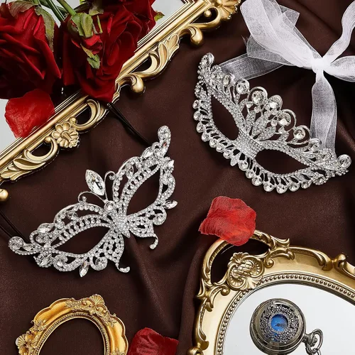 Vista 4 de 2 máscaras de máscaras de diamantes de imitación de cristal de fantasía, para fiesta veneciana, graduación, corona, para disfraz de mujer