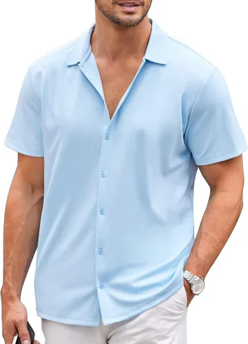 Vista 16 de COOFANDY Camisa casual con botones para hombre, manga corta, sin arrugas, camisa de verano Negro