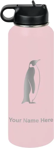 Vista 16 de LaserGram Botella de agua personalizada, pingüino, acero inoxidable de doble pared aislada al vacío con popote superior, regalo grabado