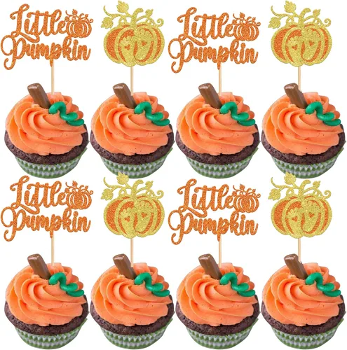 Vista 10 de Paquete de 24 adornos para cupcakes de calabaza con purpurina para cupcakes de calabaza para Acción de Gracias, baby shower, decoración de cupcakes