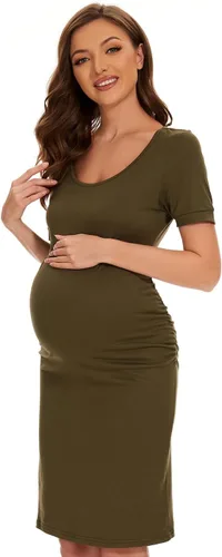 Vista 3 de KUNINDOME Vestidos de maternidad para uso diario, fotografía de baby shower, vestidos sin mangas de manga corta, fruncido lateral