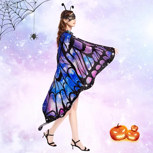 Vista 3 de Tibeha ButterflyWingsforWomen Kids - Double-SidedPrintingCostumeHalloweenGirls CapewithMaskandAntennaHeadband