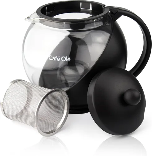 Vista 2 de Café Ole Everyday - Tetera redonda con infusor de vidrio, tetera de hojas sueltas, color negro, 23.7 fl oz/24 oz