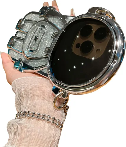 Vista 23 de Funda de teléfono con soporte oculto de astronauta para iPhone 11, bonito protector de cámara de lente de astronauta, soporte con purpurina