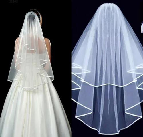 Vista 2 de Velo de boda nupcial de cinta circular de doble capa con peine y borde de cinta doble (blanco)