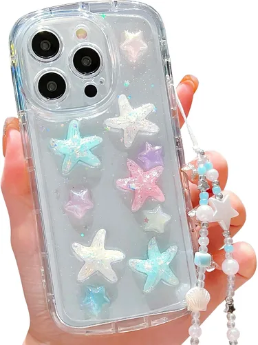 Vista 29 de Compatible con iPhone 11 Pro Funda Transparente Bonita con Diseño de Estrella con Purpurina en 3D con Perlas y Pulsera de Perlas, Diseño de Cadena