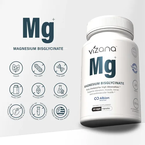 Vista 8 de Bisglicinato de Magnesio VIZANA - Quelato Albion® TRAACS® 100% puro - 330 mg de magnesio elemental - 180 cápsulas veganas