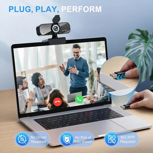 Vista 5 de Webcam Full HD 1080P con micrófono incorporado y trípode giratorio, placa de fibra de carbono y cubierta de privacidad, corrección de luz