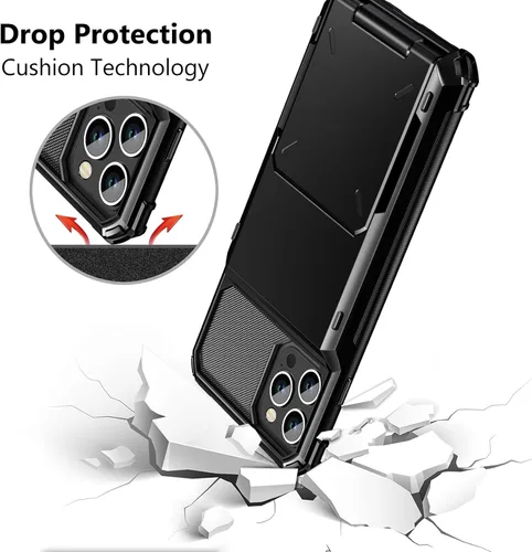 Vista 4 de Vofolen Funda para iPhone 15 Pro con tarjetero y 4 tarjetas, de doble capa, resistente, a prueba de golpes, con ranura oculta para tarjetas, Negro