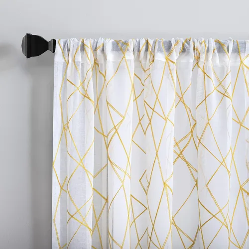 Vista 2 de No. 918 Petra Geometric Embroidery Semi-Sheer Rod Pocket Curtain Panel, Gray, 50" W x 96" L (1 Panel)