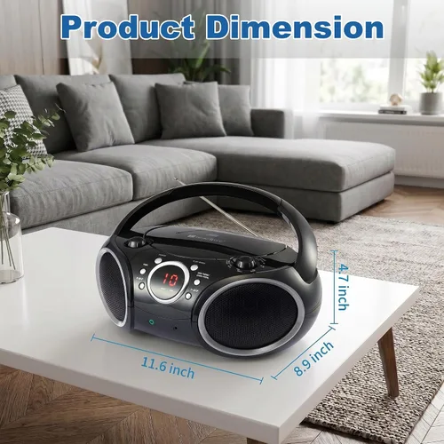Vista 7 de SINGING WOOD 030C Reproductor de CD portátil Boombox AM FM Radio de sintonización analógica, línea auxiliar, conector para auriculares, asa