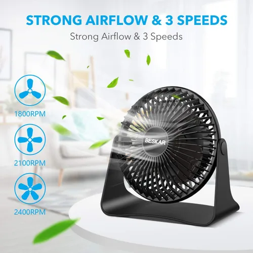 Vista 2 de BESKAR Ventilador de escritorio pequeño USB, ventiladores portátiles con 3 velocidades de flujo de aire fuerte, funcionamiento silencioso y rotación