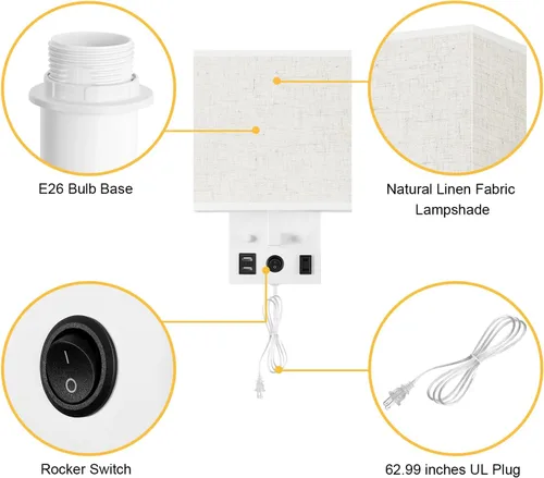 Vista 4 de Vrisa Juego de 2 apliques de pared para dormitorio, lámpara de pared enchufable, lámparas de noche con puertos USB y toma de corriente
