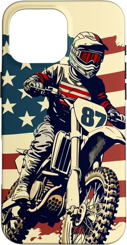 Vista 19 de Funda vintage para iPhone 16 Motocross Rider Dirt Bike con bandera estadounidense