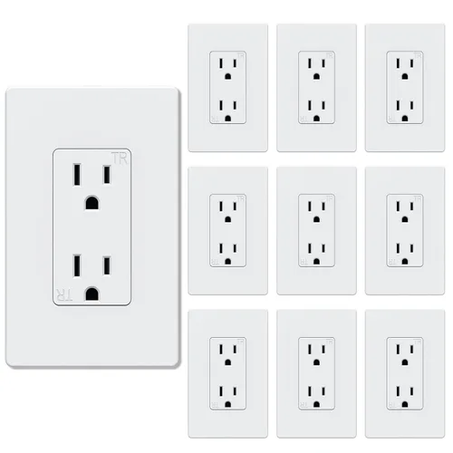 Vista 30 de Salida de receptáculo decorador, placa de pared sin tornillos incluida, salida de pared resistente a manipulaciones de 15 amperios y 125 V, 2 polos