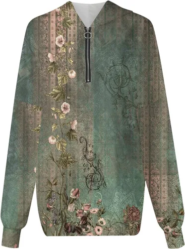Vista 4 de FlekmanArt Sudaderas con capucha de manga larga para mujer, con bolsillos, media cremallera, para otoño e invierno