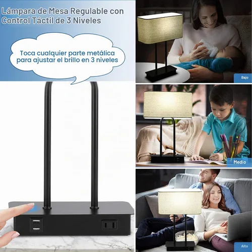 Vista 2 de Lámpara de mesa con control táctil y puertos de carga USB duales, 1 salida de CA, lámpara de mesita de noche moderna regulable de 3 vías con Crema