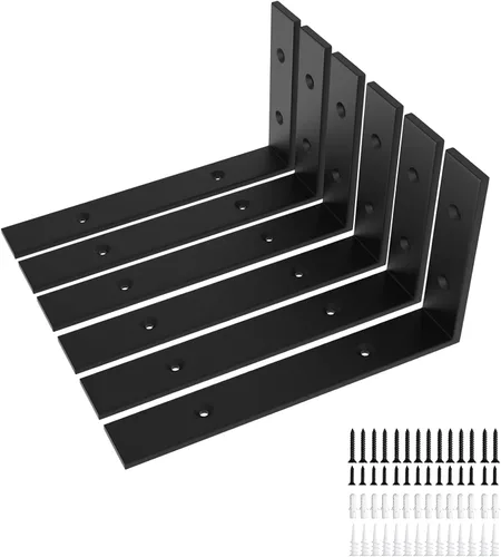 Vista 9 de Paquete de 6 soportes de estante negros resistentes de 6 pulgadas, soporte de estante L de 6 pulgadas para estantes flotantes, 1/5 pulgadas de grosor