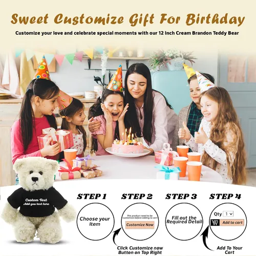 Vista 3 de Oso de peluche personalizado Brandon crema de 12 pulgadas, osos de peluche personalizados, gran regalo para San Valentín, graduación, cumpleaños